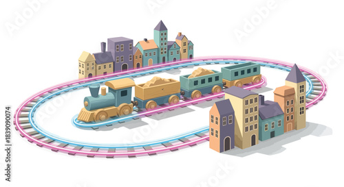 Colorful toy train set on a track with buildings and a whimsical design.