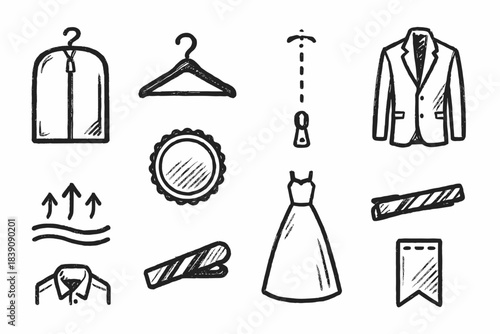 “Fashion and clothing line icon set. Wardrobe, apparel, closet essentials”