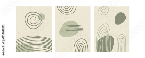 Boho olive wall arts set. Curve and arch doodle posters set. Abstract japandi interior wall decor. Vector geometry and organic shapes background zen. Irregular lines and swirls figures on beige bg.
