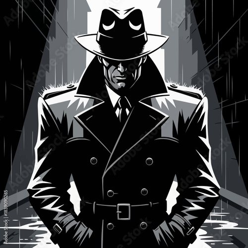 Mysterious Detective in Trench Coat and Fedora Hat.