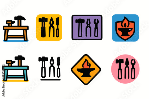 Blacksmith tools icon set. Craftsmanship, metalwork flat icons collection