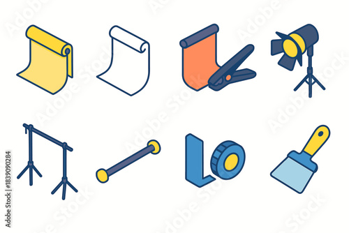 Photography equipment isometric icon set. Backdrops, lighting, tools in 3d style