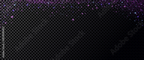Purple and blue glitter background. Shimmer spray effect for Christmas celebration banners. Shiny stardust light powder texture. Festive particles border on dark background. Vector illustration.