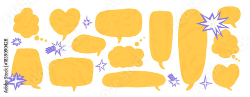 Torn dialogue balloons with textured surfaces. Playful comic chat yellow stickers featuring irregular edges, for scrapbook templates, retro banners, and creative message. Vector blank speech bubbles.