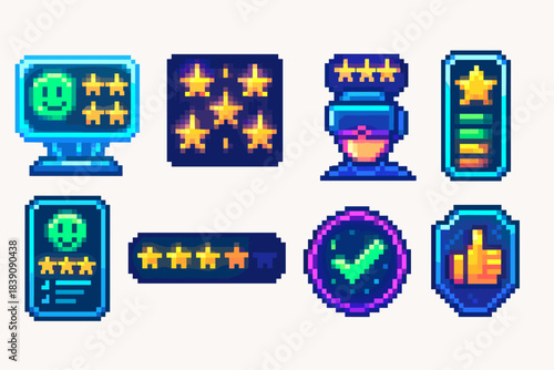 Rating and review pixel icon set. Game, feedback, star, approval icons pixel collection