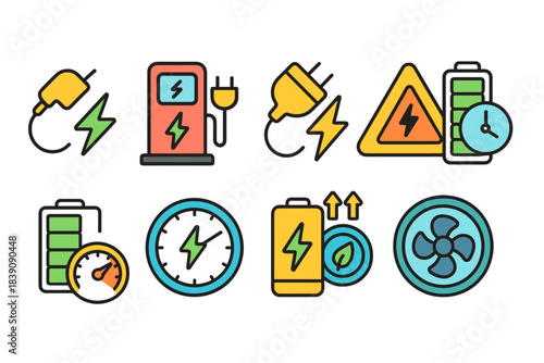 Electric vehicle charging flat icon set. Energy, battery, power icons collection.