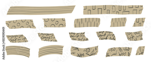 Recycled washi tape collection with decorative paper strips, sticky masking elements, and vintage scrapbook stickers for creative craft projects and journal decoration. Vector beige decorative.