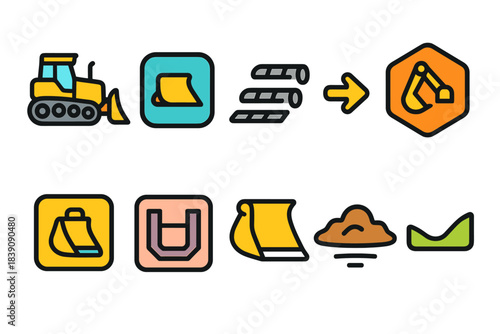 Construction equipment icon set: flat style excavator, bulldozer, loader icons