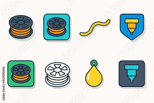 3d printing outline icon set: filament, nozzle, 3d printer tools collection