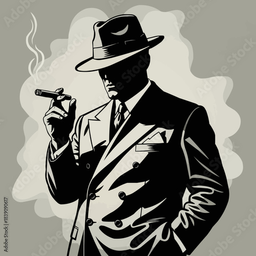 Mysterious Man in Suit Smoking Cigar with Hat.