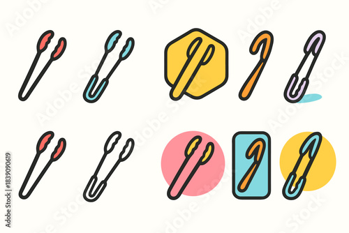 Kitchen utensils icon set. Colorful, outline style cooking tool icons collection.