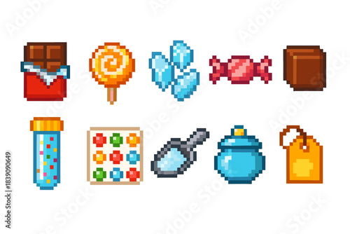 Candy and sweets pixel icon set. Retro game, snack, confectionery pixelated icons.