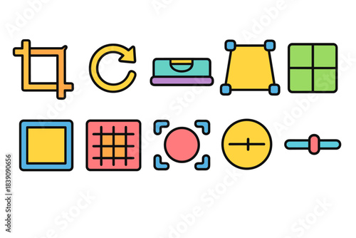 Editing tools flat icon set. Crop, rotate, adjust, grid icons flat style collection