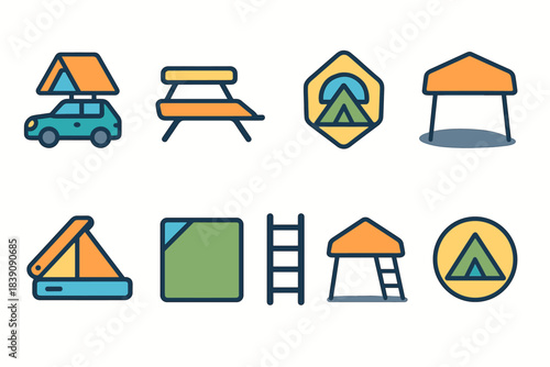 Camping, outdoor linear icon set. Adventure, hiking essentials icons outline collection