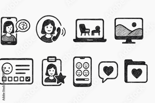 Communication and technology outline icon set: chat, devices, and profile collection