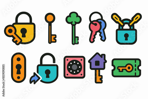 Key, lock flat icon set. Security, access, locking symbols flat collection