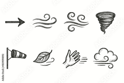 Weather sketch icon set. Wind, tornado, cloud hand-drawn icons outline collection