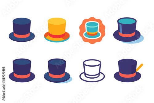 Top hat flat icon set. Classic, elegant hat icons perfect for fashion projects