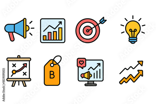 Marketing strategy flat icon set. Advertising, analysis, growth symbols collection.