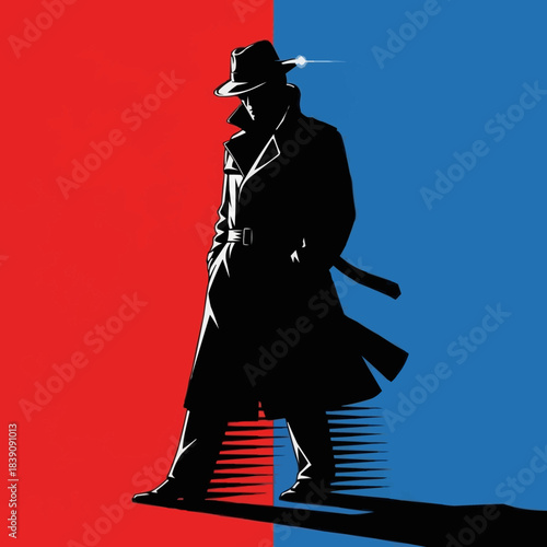 Silhouette of a Mysterious Detective in a Trench Coat and Fedora.