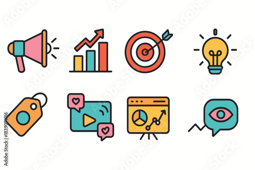 Business and marketing icon set: analytics, seo, strategy in flat style