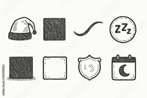 Sleep and relaxation icon set: hand-drawn symbols for rest and calm