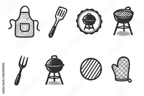 Bbq and cooking icon set. Grilling tools and utensils doodle icon collection