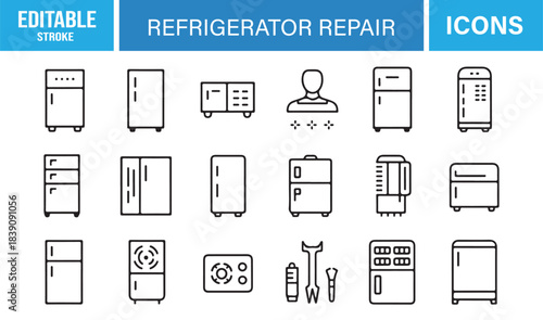 Stylish Minimal Icons for Fridge Repair Services Including Cooling Units, Spare Parts, Wrenches, and Diagnostic Tools