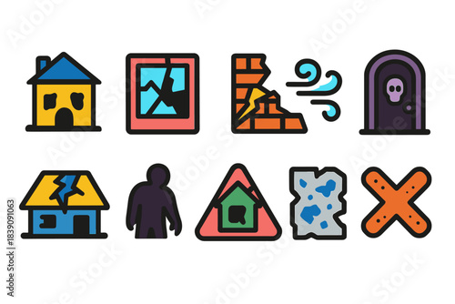 Natural disaster outline icon set. Earthquake, flood, storm safety icons collection