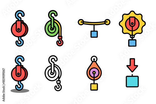 Pulley, engineering flat icon set. Mechanical, industrial equipment icons collection