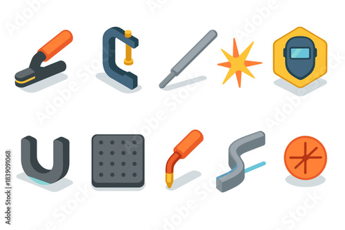 Metalworking tools icon set. Industrial, craftsmanship, repair, 3d style icons collection.