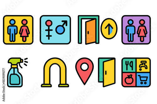 Bathroom and direction flat icon set. Gender, signage, entry, navigation symbols