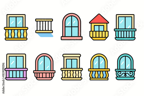Balcony types icon set. Diverse balcony designs line collection