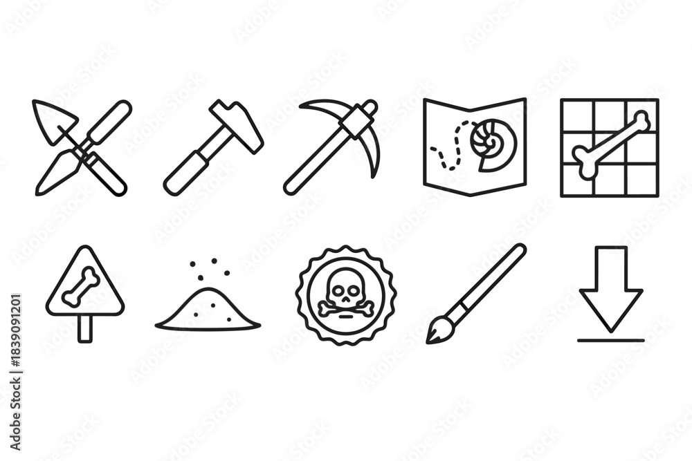 Fototapeta premium Archaeology line icon set. Discover excavation, fossils, and digging outline icons.