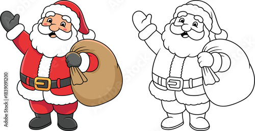 Happy cartoon Santa Claus character waving hello and carrying a sack full of gifts, cheerful Christmas holiday mascot vector illustration