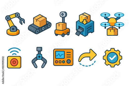 Automation, robotics flat icon set. Industrial technology, automation tools collection
