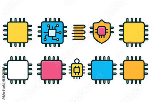 Computer hardware flat icon set. Tech, chip, circuit board, processor illustrations.