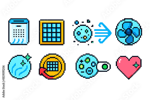 Pixel art icon set. Cleaning tools pixel collection for digital art projects