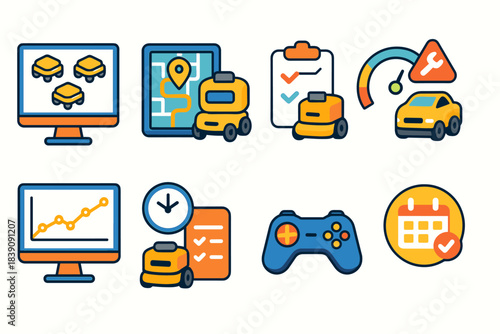 Gaming and automotive flat icon set. Game and car icons in flat style collection.