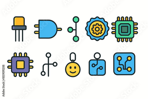 Technology, circuit board outline icon set. Microchip, electronic components icons outline collection