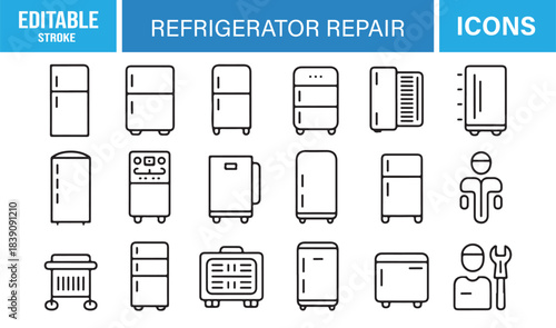 Clean Refrigerator Repair Icons for Appliance Maintenance Showing Compressors, Panels, Coils, Tools, and Tech Elements