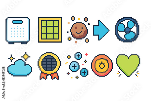 Pixel art icon set. Unique 2d pixel style icons for digital projects
