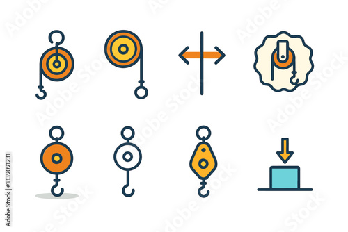 Pulley system icon set in line style. Mechanical, engineering, tool, pulley, vector icons.