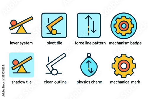 Physics and engineering flat icon set. Lever, force, mechanism icons in flat style