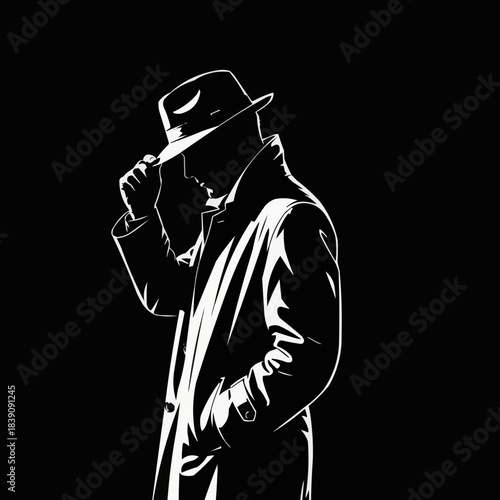 Mysterious Man in Hat and Trench Coat in Shadowy Noir Style.