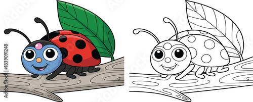 Cute happy cartoon ladybug sitting on a wooden log with a green leaf, adorable insect mascot, smiling nature element vector illustration