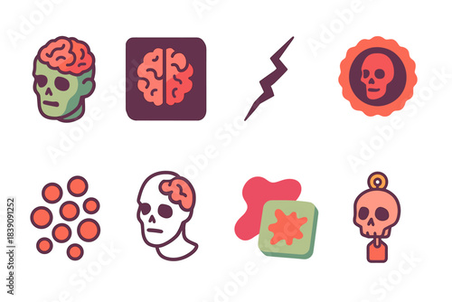 Horror, halloween flat icon set. Skulls, brains, shock, spooky symbols flat collection