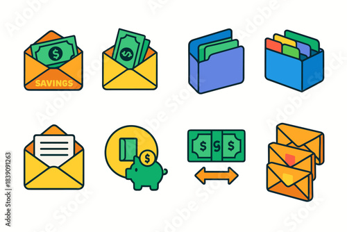 Finance and budgeting flat icon set: managing savings, expenses, and money