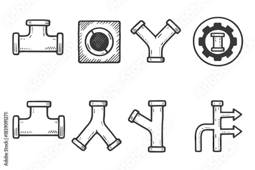Industrial pipe fittings icon set. Plumbing, construction, outline style collection.