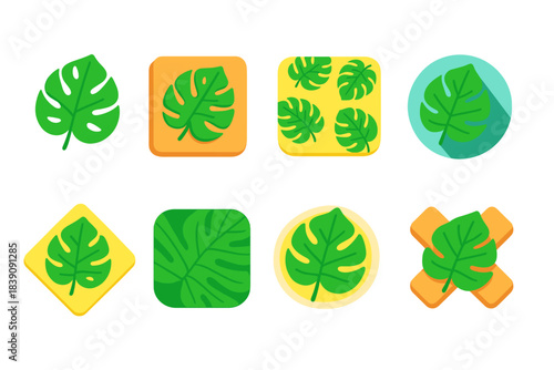 Nature, botany flat icon set. Tropical leaf, greenery graphics flat collection